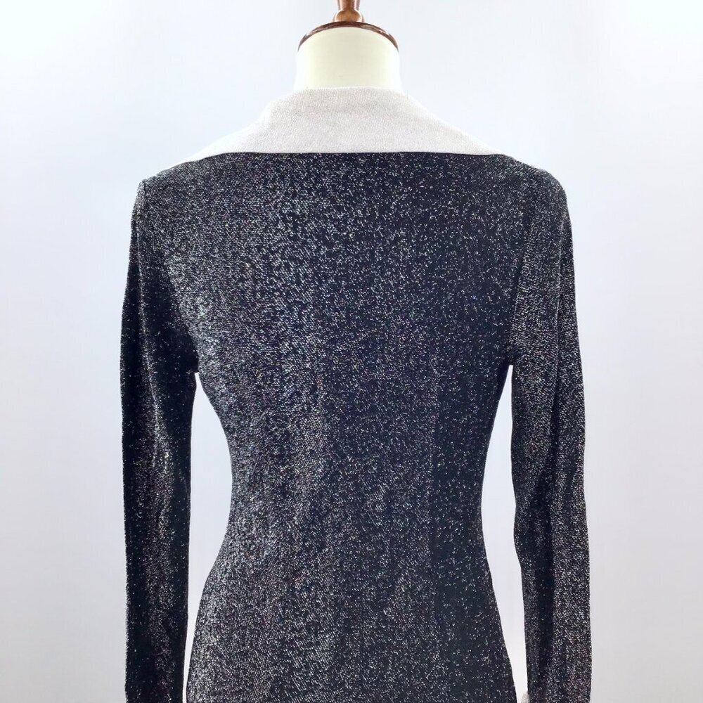 Vintage 1970s Disco Top Women's 10 Black White Metallic Butterfly Collar Retro - Picture 9 of 12